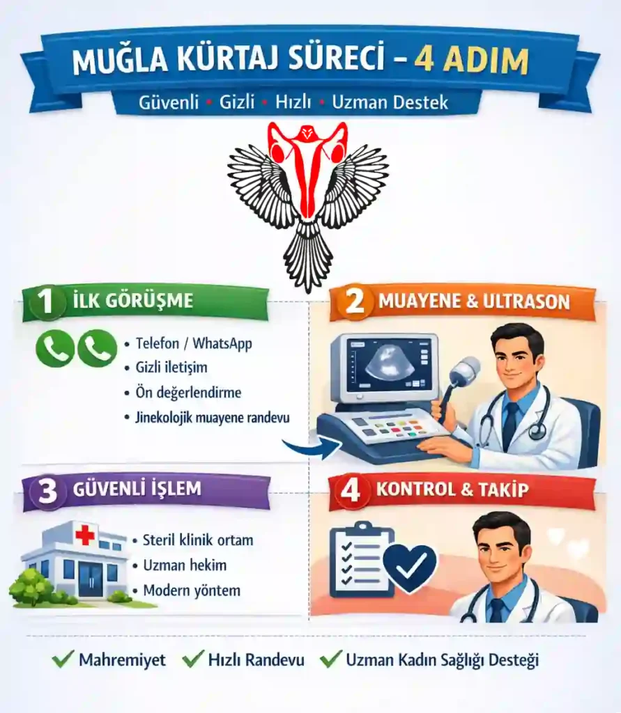 Muğla kürtaj süreci infografik güvenli gizli hızlı işlem adımları ; Muğla, Ortaca, Dalaman, Köyceğiz ve çevresinden gelen hastalar için modern klinik ortamda, mahremiyet odaklı değerlendirme.