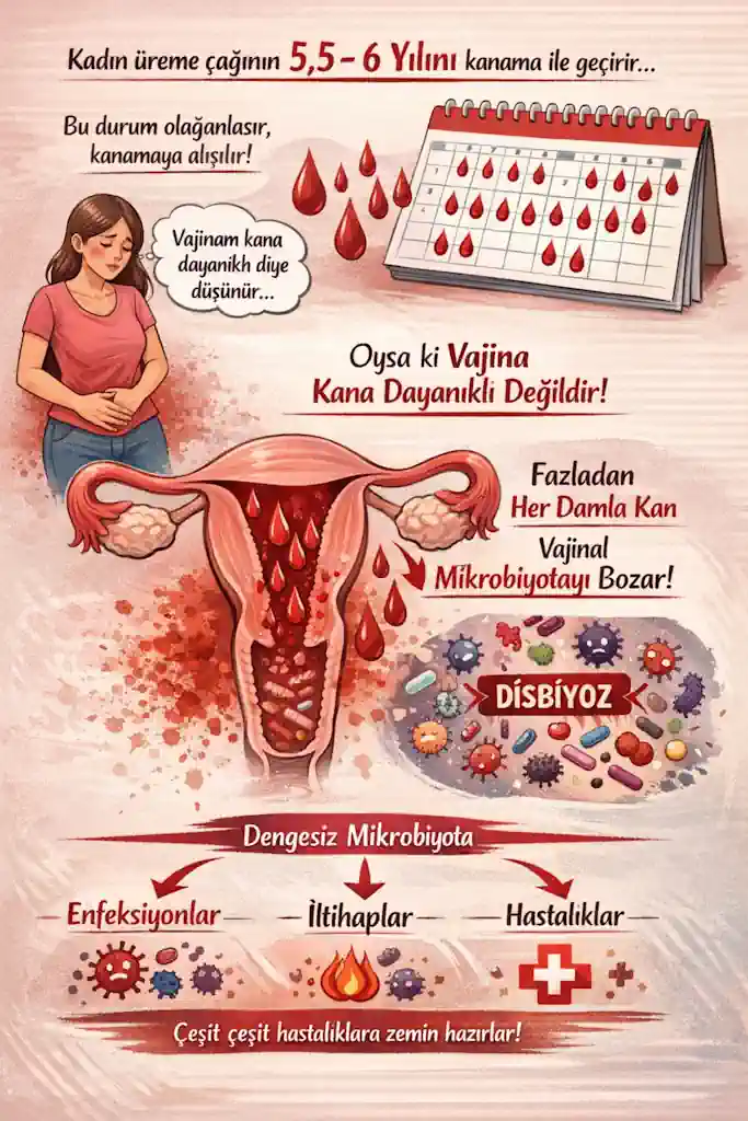Kadın hayatı boyunca 400 - 450 defa regl olur. Bu her bir regl göngüsünün ortalama 5 gün sürdüğü farz edersek, bir kadın üreme çağının 5.5 - 6 yılını kanama ile geçirir. Yani işte bir kişi bu 6 yıl içinde vajinal kanama olayına alışmaktadır. Geçmiş olağan deneyimleri (alışma, aynılaştırma) ile hastalığa bağlı kanama ayrımını net olarak yapamadığından, uzun  süre vajinal kanama ile yaşayabilmektedir. Bu 6 yıllık kanamalı yaşam sürescnde ise, vajinanın kana dayanıklı olduğunu, kana dayanıklı bir şekilde yapıldığını düşünmektedir. oysa ki vajina içerisinde bulunan vajinal mikrobiyota kan varlığında hızlıca disbiyotik forma dönebilmektedir. Vani vajina kana dayanıklı değildir. Vajina içerisinde fazladan bulunan her bir damla kan vajinal mikrobiyotayı olumsuz etkileyerek, çeşit çeşit hastalığa zemin hazırlayabilmektedir.