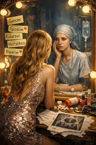 Güzelliğine & gençliğinehastalık yapışmasını kabullenememek(Östrojen sarhoşluğu + Yüksek cinsel market değeri + Toplumsal kanıt Kuramı + Jinekolojik Ponzi Kitlesine Dahil olma nedeniyle)hastalığını kronikleştiriyor.Buna ;
** gencim
** güzelim
** kusursuz
** Hastalıksız
** süperim
** genital İnkar hastalığı diyorum.
